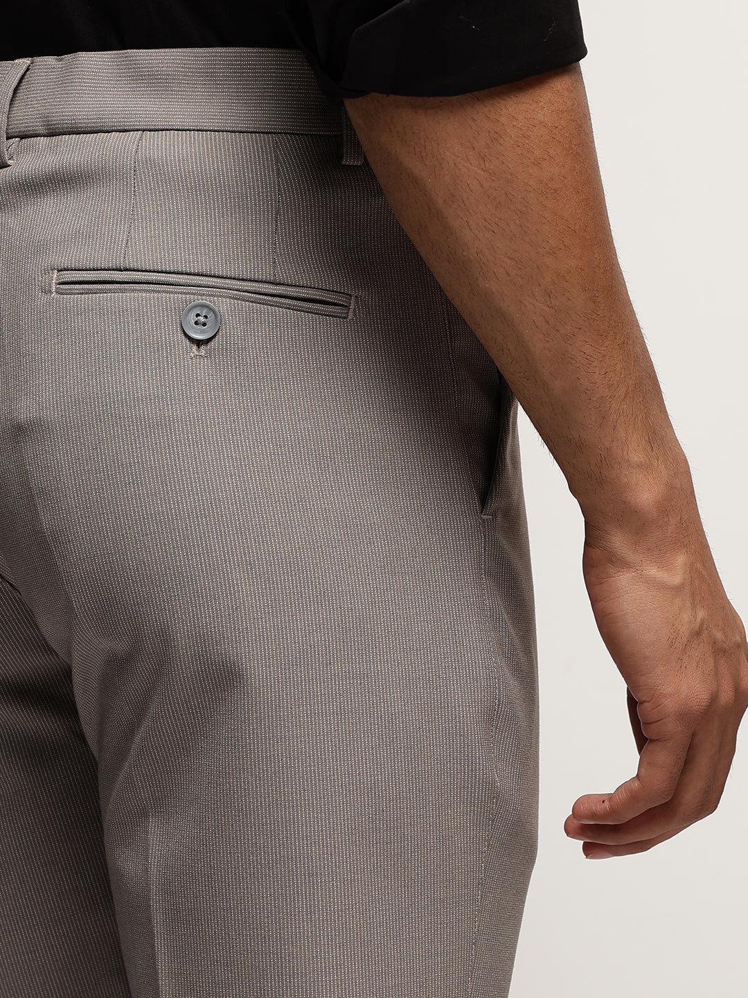 Flex Waist 4-Way Stretch Striped Formal Trousers in Light Brown - Slim Fit