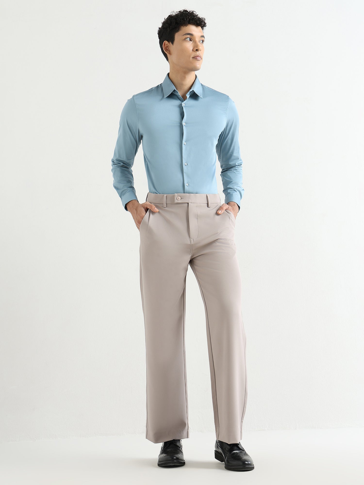 Japanese Poly-Lycra Pleated Wide Leg Trousers in Grey