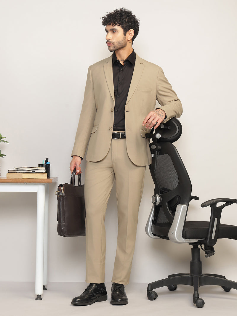 Men Beige Slim-Fit Single-Breasted 2-Piece Stretchable Formal Suit