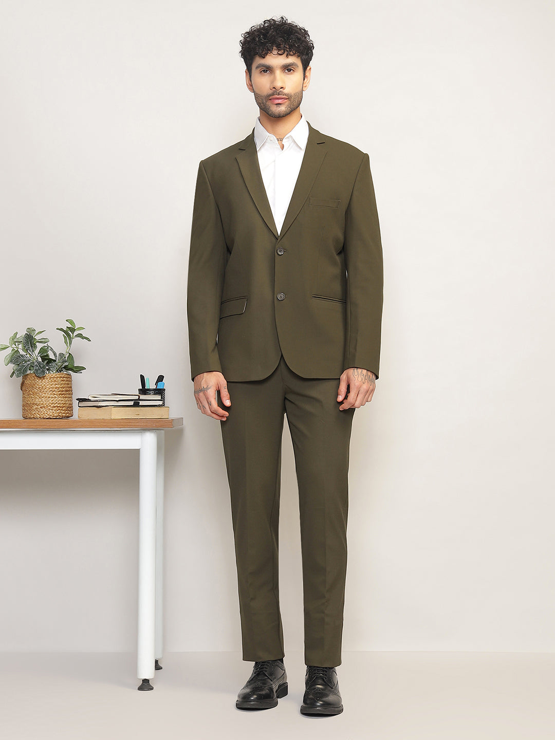 Men Jade Olive Slim-Fit Single-Breasted 2-Piece Stretchable Formal Suit