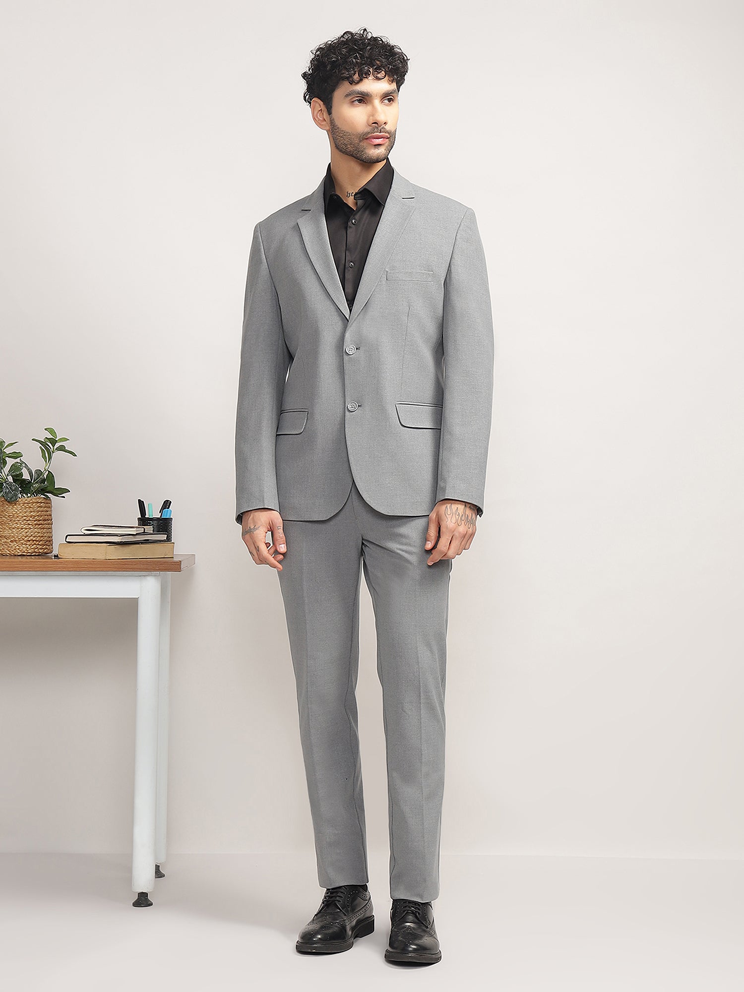 Men Light Grey Slim-Fit Single-Breasted 2-Piece Stretchable Formal Suit