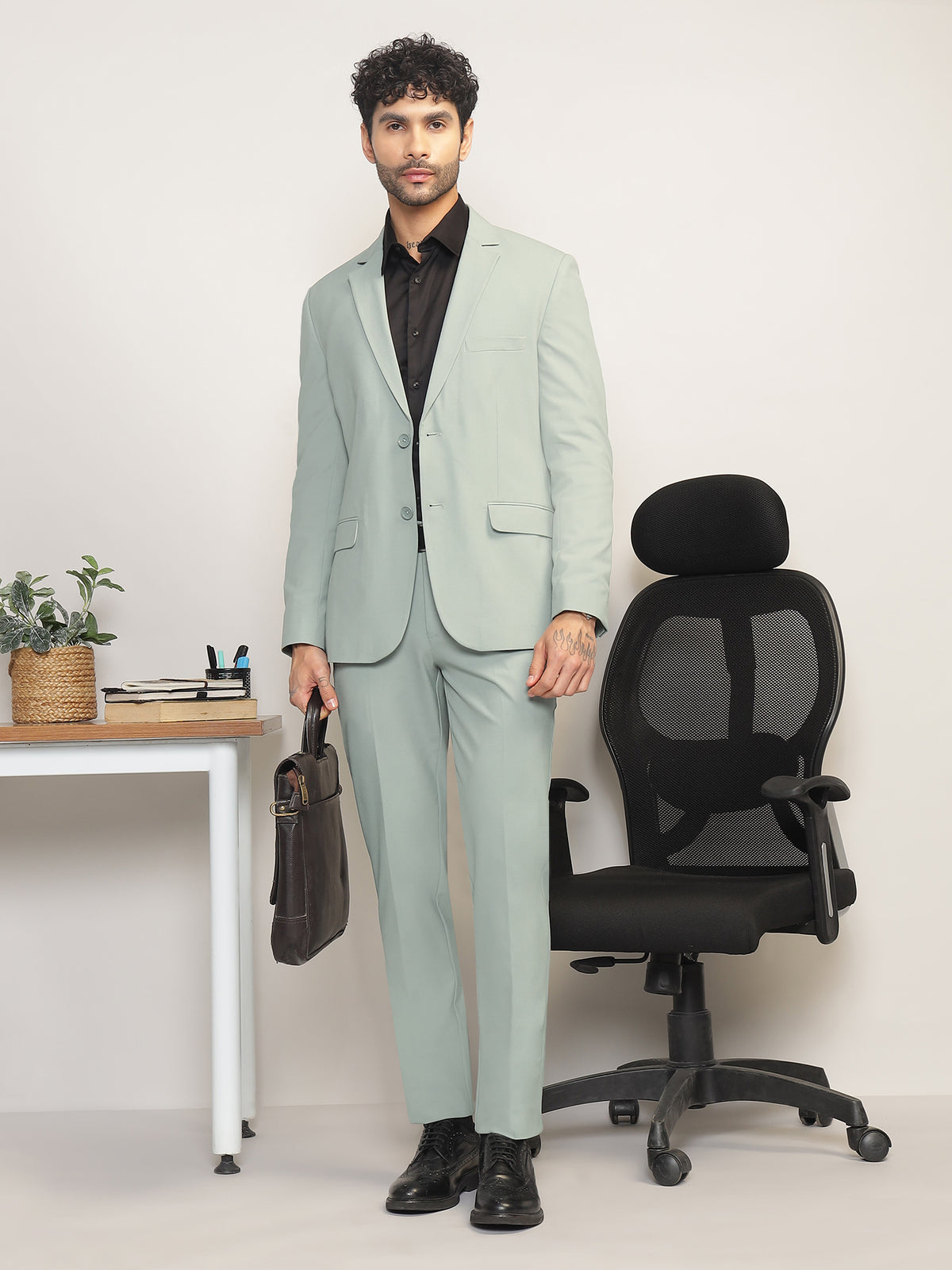 Men Mint Green Slim-Fit Single-Breasted 2-Piece Stretchable Formal Suit