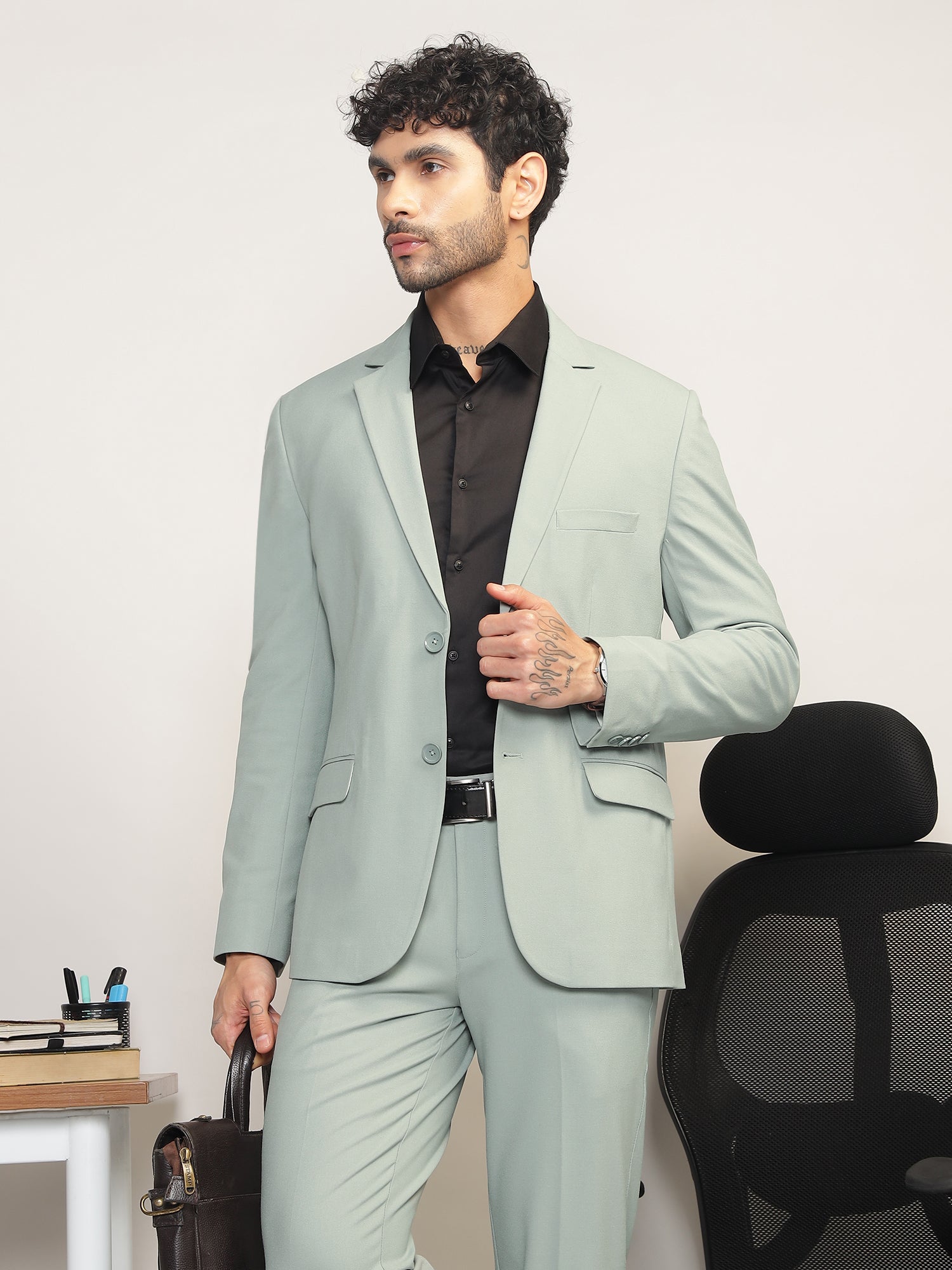Men Mint Green Slim-Fit Single-Breasted 2-Piece Stretchable Formal Suit