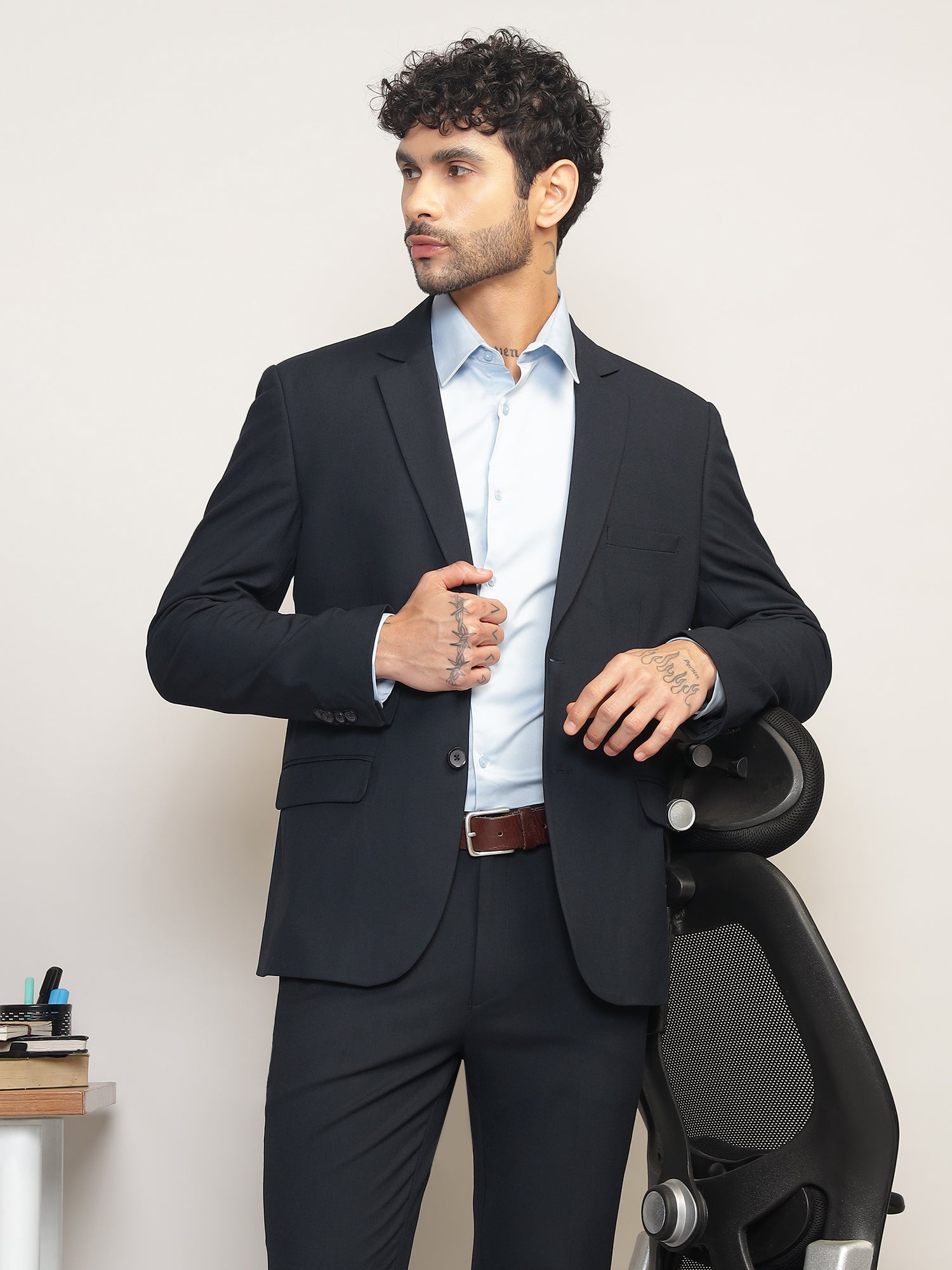 Men Navy Blue Slim-Fit Single-Breasted 2-Piece Stretchable Formal Suit