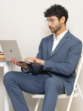 Men Steel Blue Slim-Fit Single-Breasted 2-Piece Stretchable Formal Suit