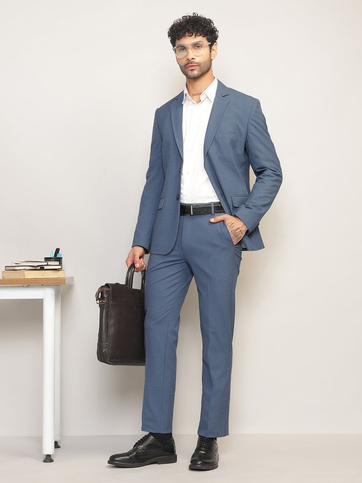 Men Steel Blue Slim-Fit Single-Breasted 2-Piece Stretchable Formal Suit