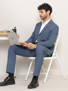 Men Steel Blue Slim-Fit Single-Breasted 2-Piece Stretchable Formal Suit