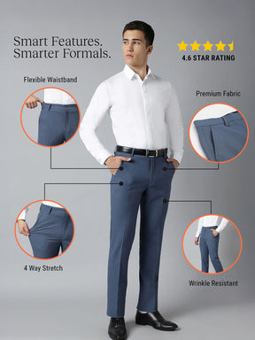 Flex Waist 4-Way Stretch Formal Trousers in Steel Blue - Slim Fit