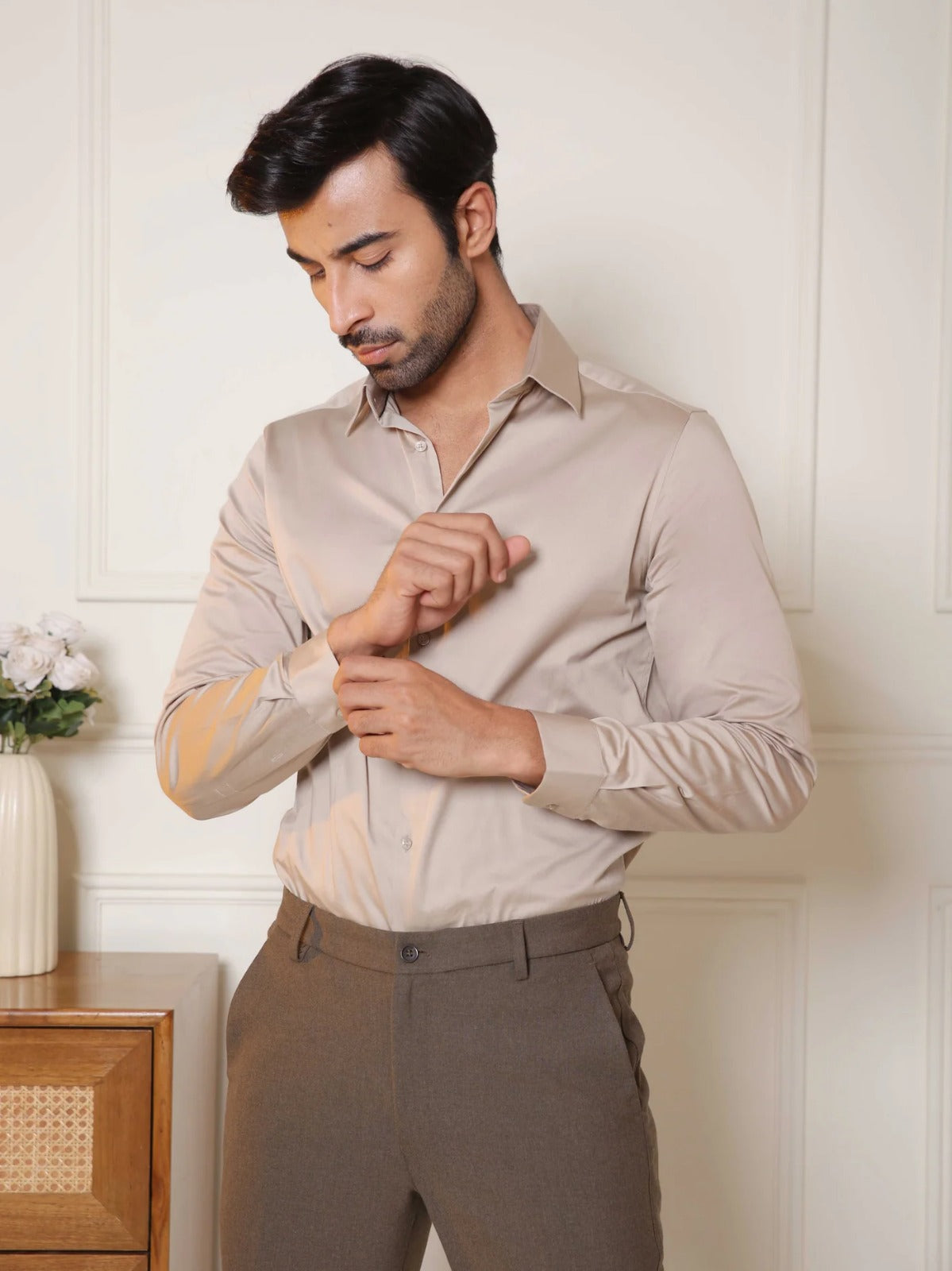 2 Way Stretch Satin Shirt in Hazelwood- Slim Fit