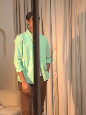 2 Way Stretch Oxford Shirt in Light Green - Slim Fit