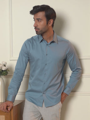2 Way Stretch Satin Shirt in Stone Blue- Slim Fit