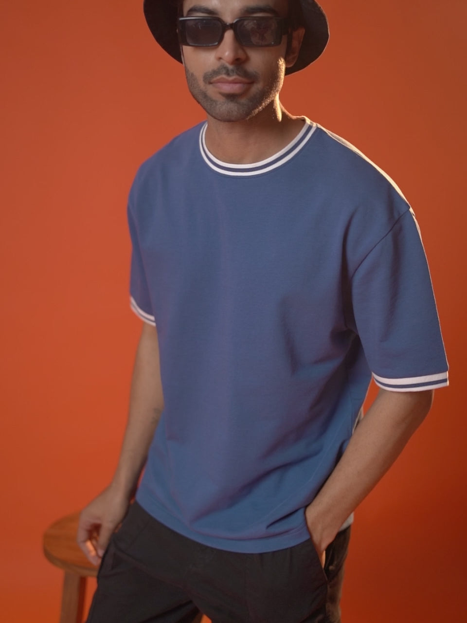 Oversized Round Neck T-Shirt with Stylised Rib in Denim Blue