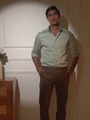 2 Way Stretch Satin Shirt in Sage Green- Slim Fit