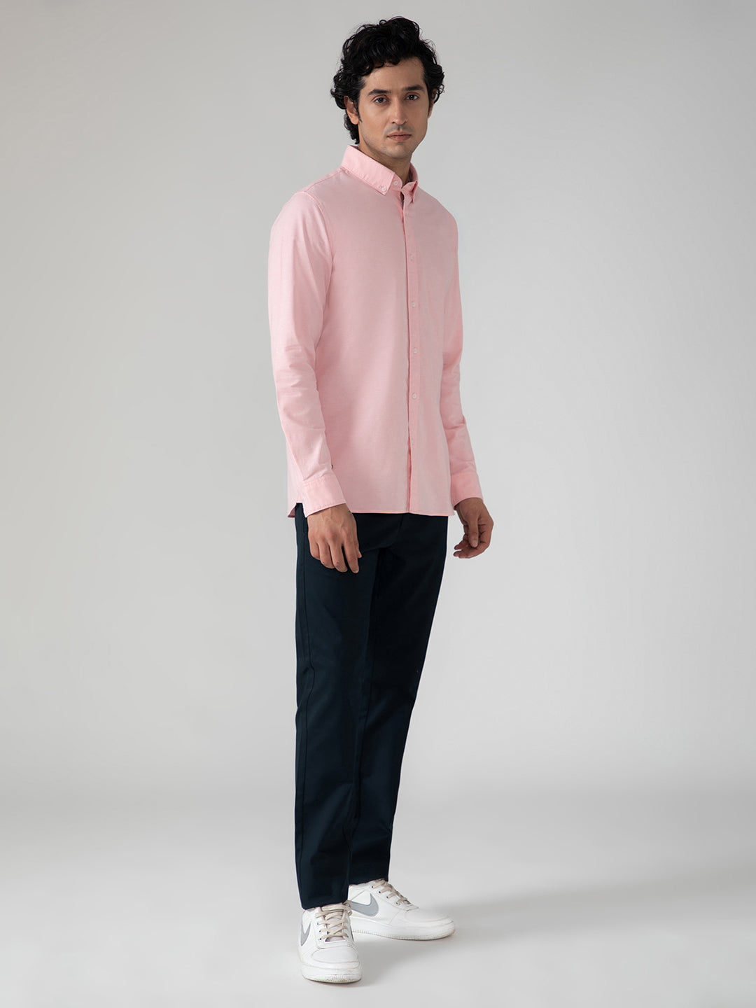 2 Way Stretch Oxford Shirt in Salmon Pink- Slim Fit